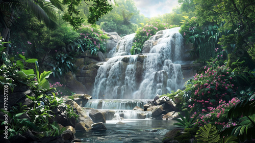 A mesmerizing waterfall surrounded by lush greenery and rocks.