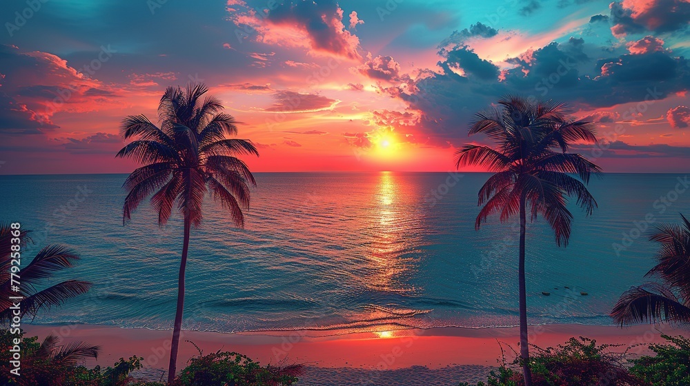 Palm Trees Silhouettes On Tropical Beach At Sunset - Modern Vintage Colors