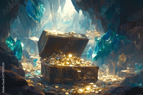 An open treasure chest filled with gold coins and jewels