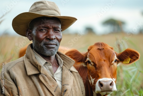 Senior African farmer with a weathered face wearing a hat, standing next to a cow in a field