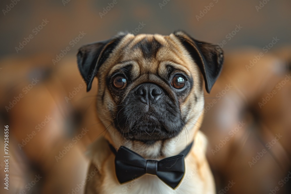 A close-up portrait of a pug dog with a bow tie looking directly at the camera, set against a blurred background of similar dogs