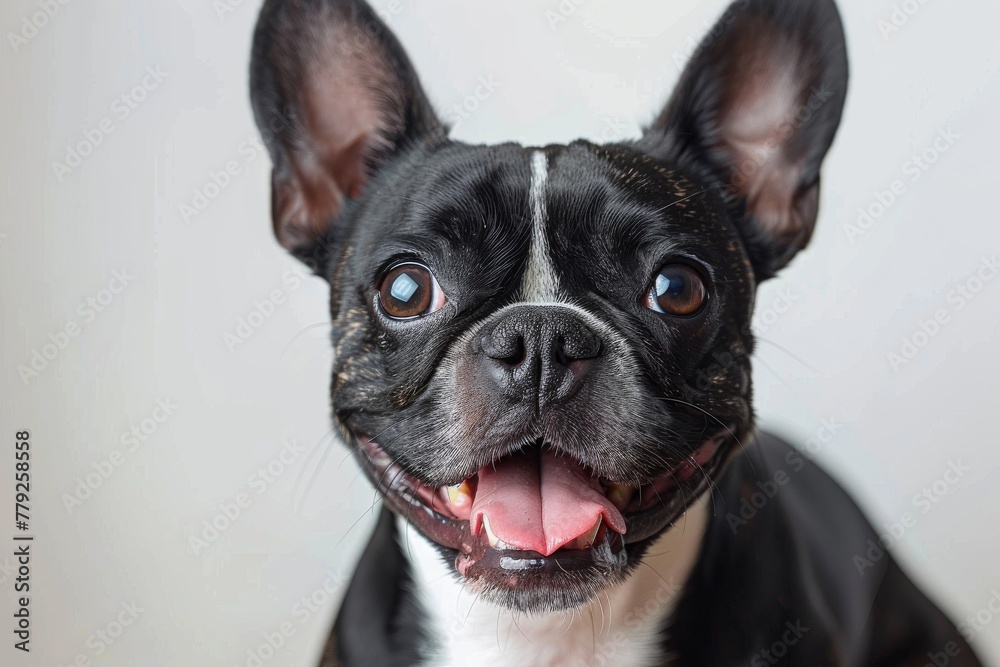 A joyful French Bulldog with striking white and black fur, beaming with delight and showing playful eyes against a plain background