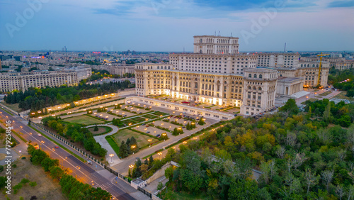 Sunset panorama view of the Romanian parliament in Bucharest