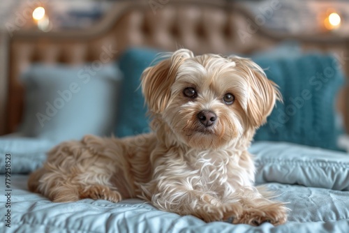 A serene dog resting on a bed, evoking a sense of peace and tranquility with soft blue pillows