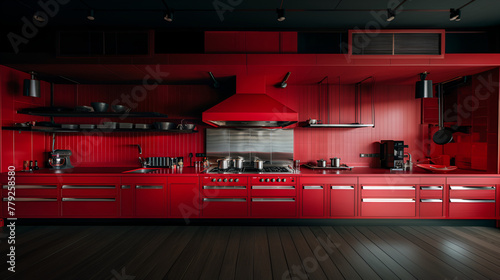 Front View of Matte Red Restaurant Kitchen with Large Hood and Counters