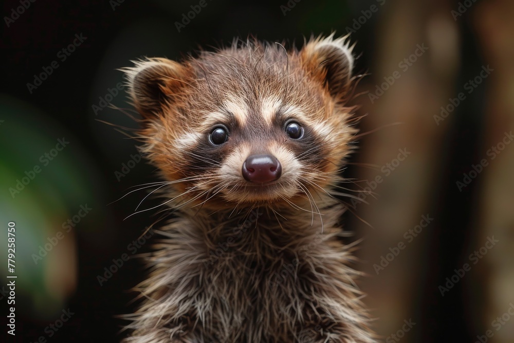 With a direct gaze, this intimate portrait of a raccoon showcases the delicate details in its rich fur and facial mask against a dark natural backdrop - obrazy, fototapety, plakaty 