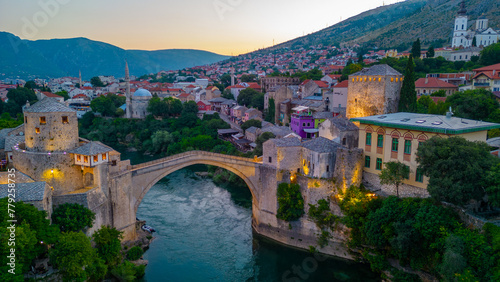 Sunset view of the old Mostar bridge in Bosnia and Herzegovina