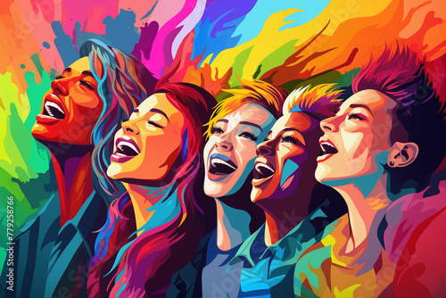 Joyful Group of Friends Celebrating, Vibrant Color Splashes, Dynamic Expression with Copy Space
