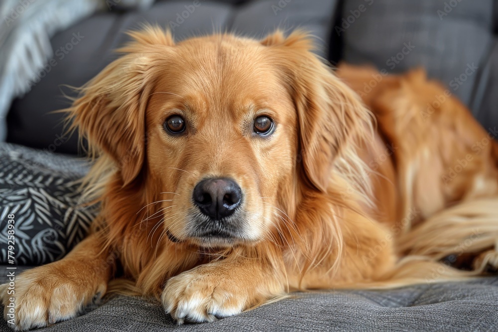 A comfortable golden retriever lying down on a patterned sofa, radiating a sense of relaxation and homey vibe