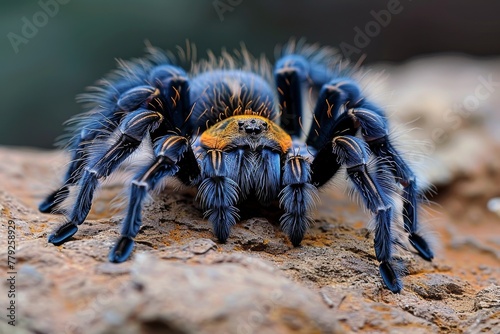 This image captures the detailed hairy texture of a colorful tarantula in its natural rocky environment photo
