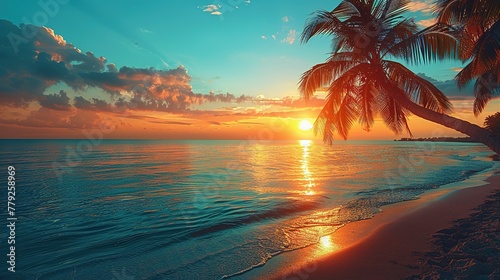 Sylwetki palmy na tropikalnej plaży o zachodzie słońca - nowoczesne kolory Vintage