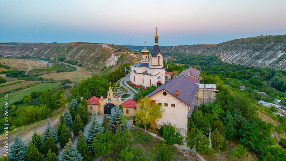 Sunset panorama of St. Mary's Church at Orheiul Vechi in Moldova