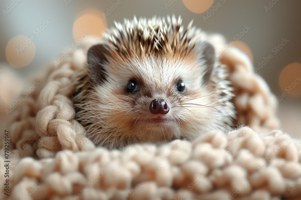 A close-up image capturing the cozy and warm feeling of a cute hedgehog wrapped in a thick textured knit blanket during the chill moments