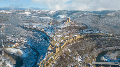 Winter aerial view of Tsarevets fortress in Veliko Tarnovo, Bulgaria photo