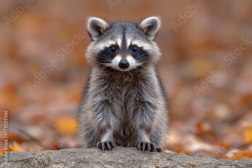 An inquisitive raccoon captured in striking detail against a backdrop of autumn leaves