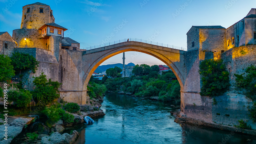 Sunset view of the old Mostar bridge in Bosnia and Herzegovina