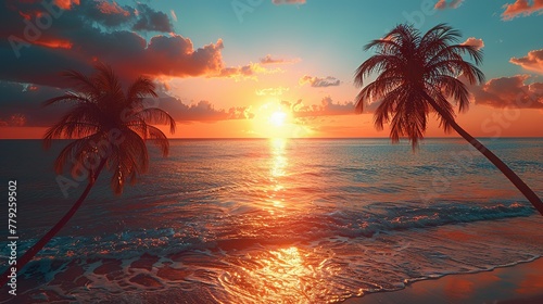 Sylwetki palmy na tropikalnej plaży o zachodzie słońca - nowoczesne kolory Vintage