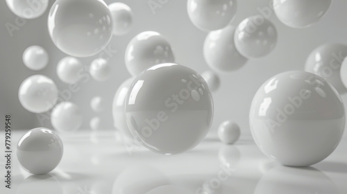 Few small white spheres flying in a white space, spheres with matte texture.