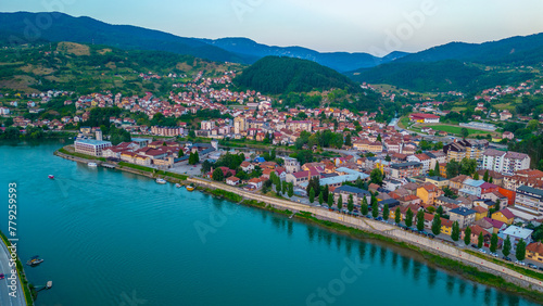 Fototapeta Naklejka Na Ścianę i Meble -  Sunrise panorama view of Bosnian town Visegrad