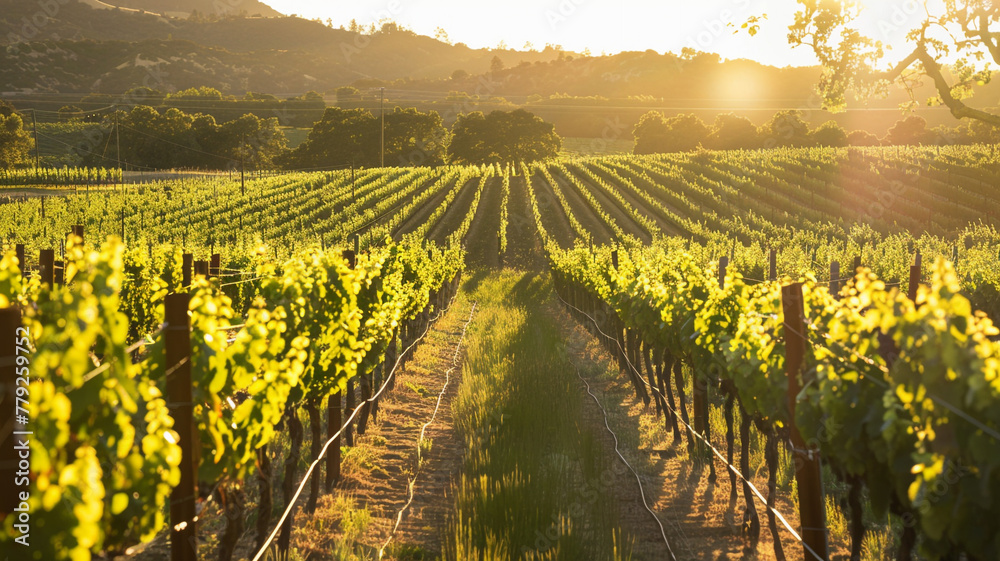 A sunlit vineyard with grapevines stretching along neat rows.