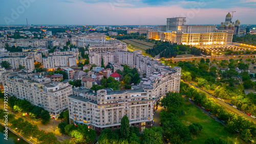 Sunset panorama view of the Romanian parliament in Bucharest photo