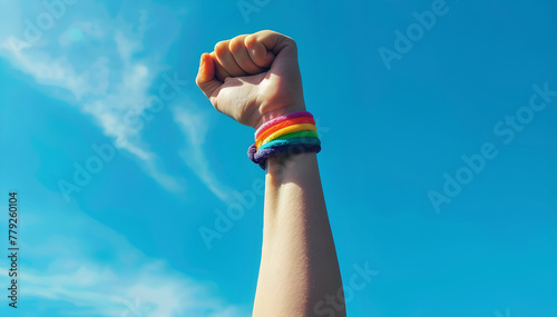 raised fist with a rainbow-colored bracelet. lgtb pride