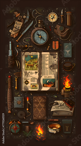 Detailed Illustration of a Comprehensive Wilderness Survival Guide Book and Equipment