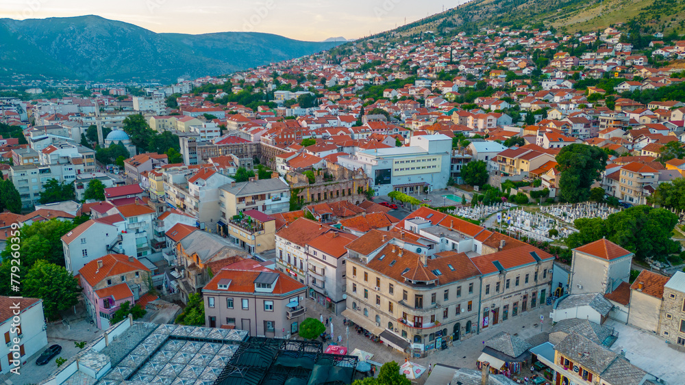 Sunrise aerial view of the old town of Mostar, Bosnia and Herzegovina
