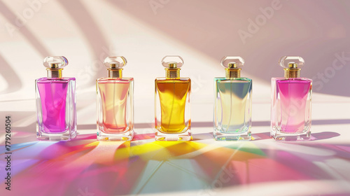 White background, 5 small bottles of perfume with different colors.