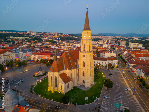 Sunset aerial view of Piata Unirii square in Cluj-Napoca, Romania photo