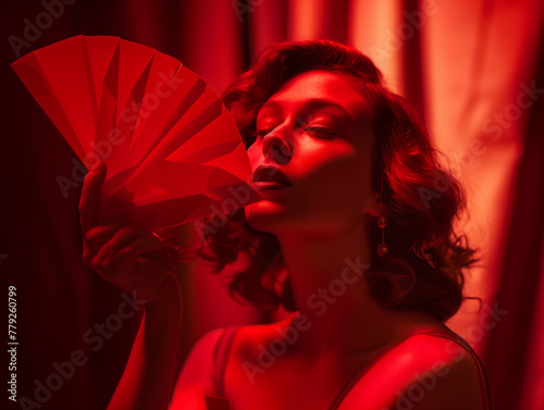 Danseuse de flamenco agitant son éventail en papier en pleine danse, photographie en monochrome de rouge photo