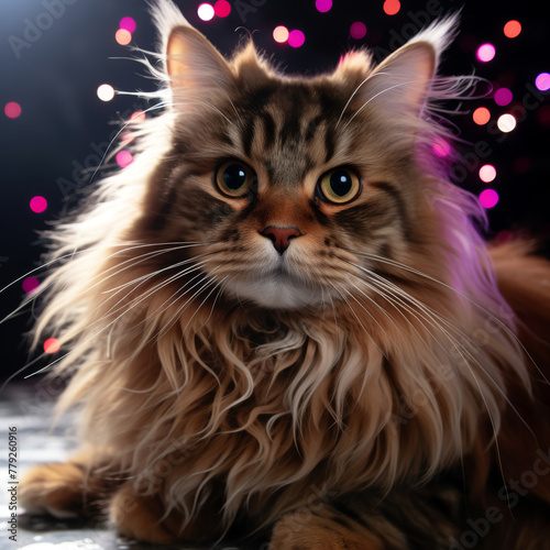 Maine Coon Cat with Bokeh Lights