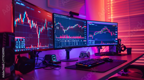 Monitors Displaying Forex Charts with Candlestick Patterns Showing Significant Up and Down Trends