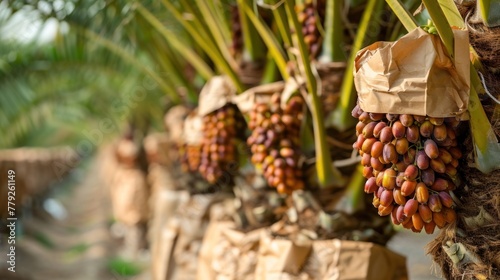 selective focused of date fruits palm tree with date fruits bunch with paper wrap at date fruits palm tree
