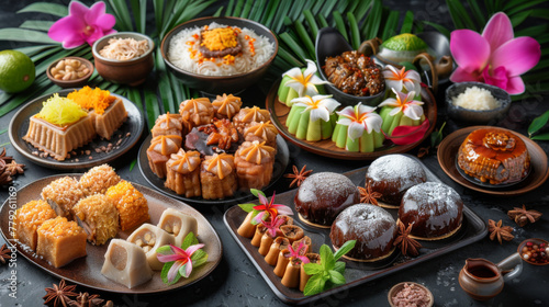 A decadent array of Asian sweet delicacies with spices and floral garnishes on a palm leaf backdrop.