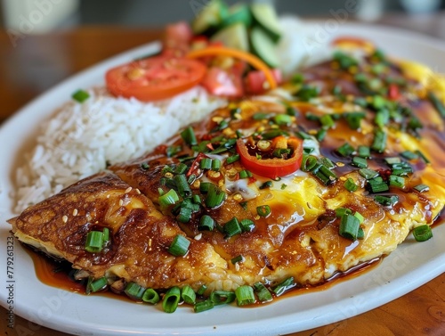 Egg Foo Young served with rice photo