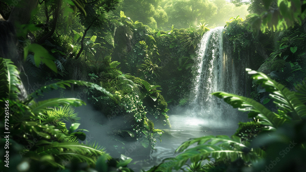 A cascading waterfall surrounded by lush foliage in a serene forest.