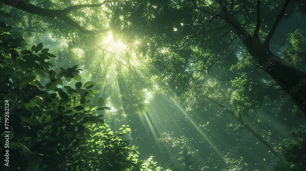 A lush green forest canopy illuminated by sunlight streaming through the leaves.