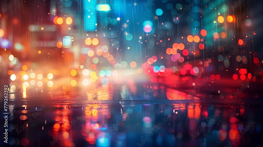 A blurry cityscape with raindrops on the ground