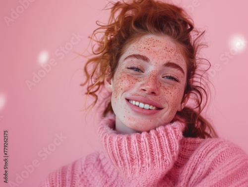 Joyful Redhead with Freckles and a Pink Sweater. Generative AI.