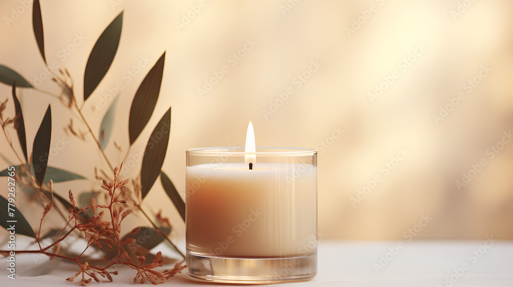 
Burning candle on natural beige studio background, clear glass, no label, stone texture, bright sunlight, soft shadows