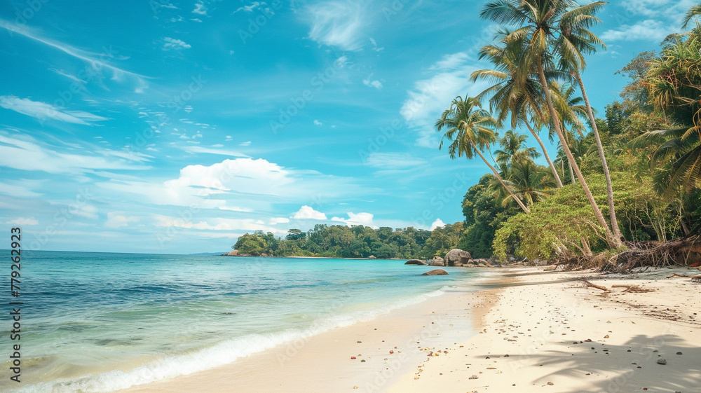 A picturesque beach with palm trees and a clear blue sky above.