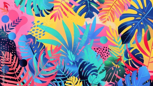 A vibrant and lively artwork featuring an assortment of tropical leaves in a myriad of colors, aimed to convey a sense of joy and exuberance © Matthew