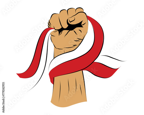 fisting hand, holding indonesia red and white flag, simple vector hand draw sketch