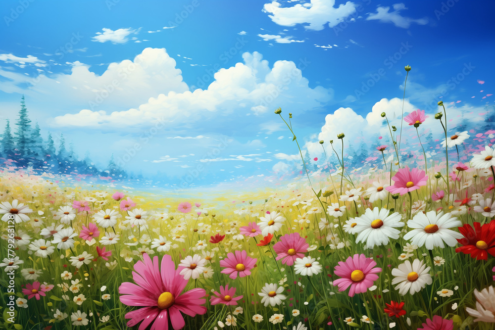 Pastoral Flower Field, Colorful Wildflowers, Sunny Blue Sky with Fluffy Clouds