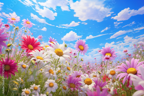 Blossoming Field of Daisies  Bright Summer Day  Clear Blue Sky