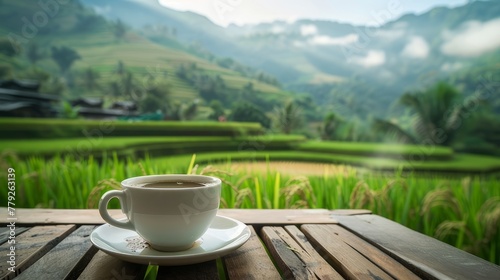 A cup of coffee in a hut next to a rice field in the morning. Drinking coffee in the morning is a pleasure and tranquility.