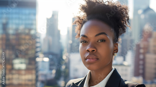 African American Businesswoman, Serious Expression, Urban Skyline Background