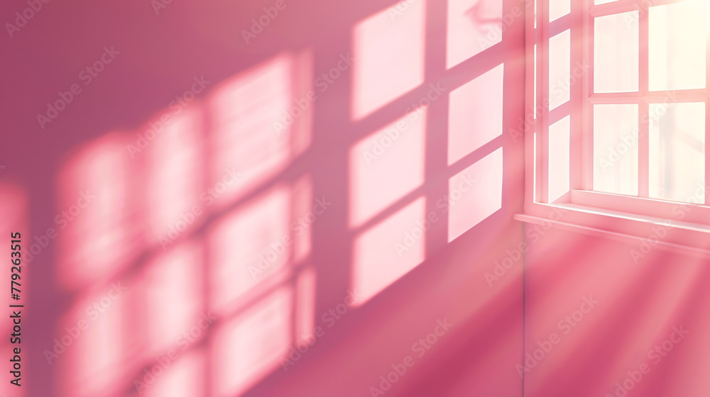 Fototapeta premium Soft Pink Light Background Wall Through Window Casting Gentle Shadows
