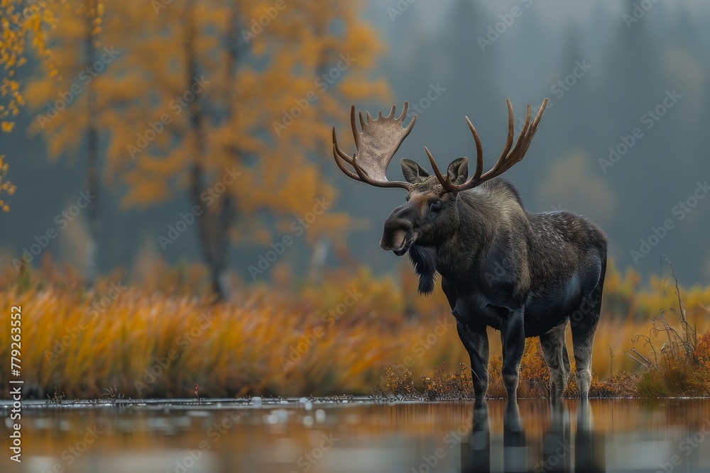 A solitary moose showcases its stunning antlers amongst a picturesque background of autumnal colors and reflections A solitary moose showcases its stunning antlers amongst a picturesque background of autumnal colors and reflections